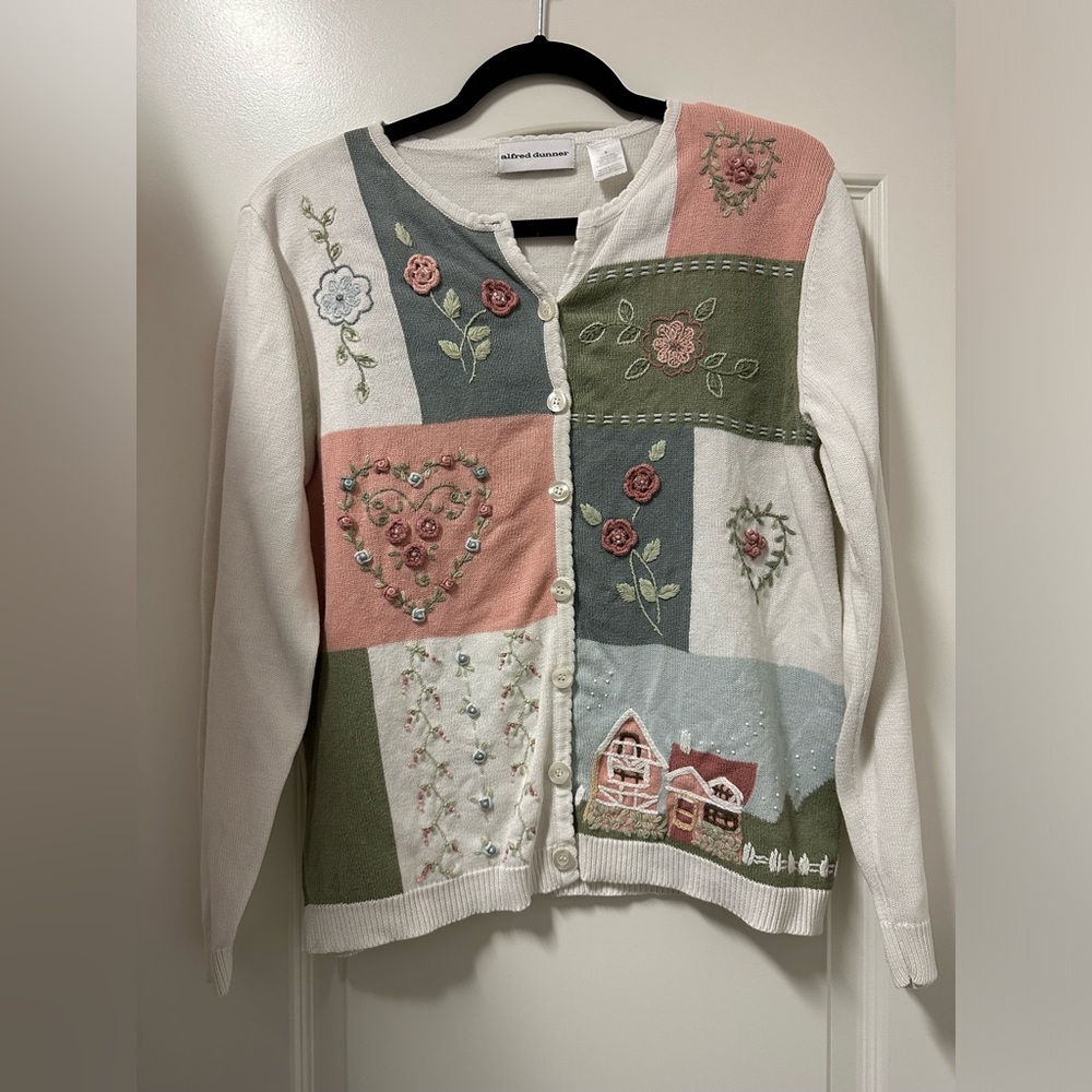 Vintage 90’s Y2K Alfred Dunner Patchwork Embroidered Cardigan Size Small Flowers